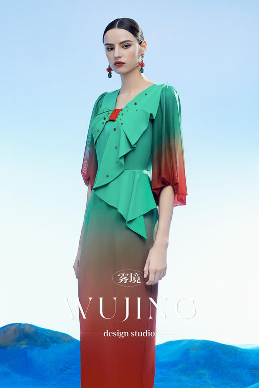 3204026 碧落羽裳 韩国进口水晶乔其纱进口纹理蜂窝缎连衣裙 雾境 商品图1