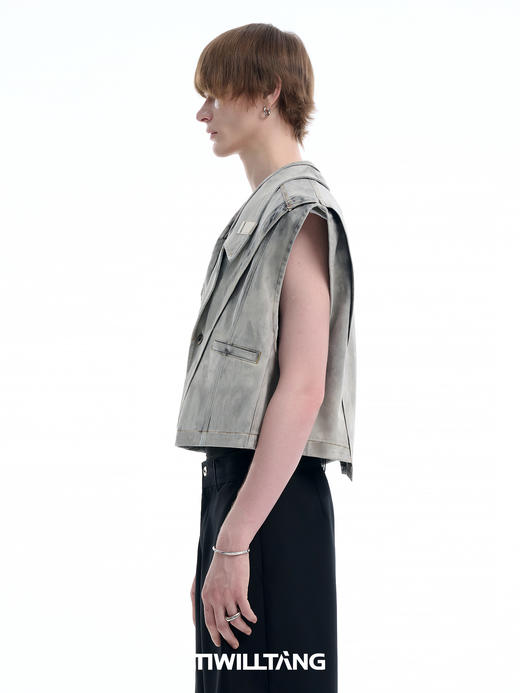 TIWILLTANG 启世录“锛淳”翻领水洗复古牛仔马甲上衣短款宽松男 商品图1