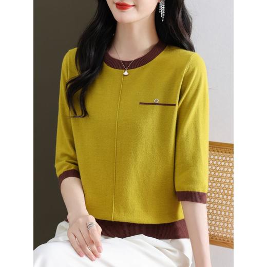 101-08156洋气漂亮小衫2024年春夏薄款针织衫女中袖t恤七分袖打底上衣拼色 商品图3