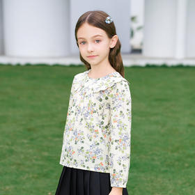 mettekids女童衬衫2024春夏清新绿色碎花上衣童装儿童纯棉衬衣