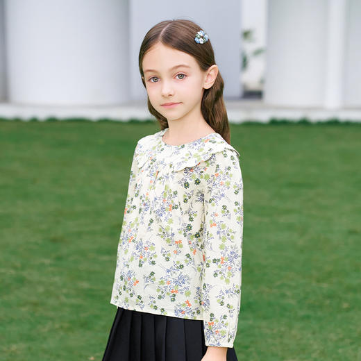 mettekids女童衬衫2024春夏清新绿色碎花上衣童装儿童纯棉衬衣 商品图0