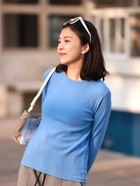 多云转晴 棉混纺修身百搭圆领基础针织长袖打底衫