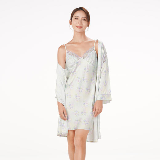 都市丽人生活家居春夏睡衣女冰雪丝印花家居服薄款吊带裙+外袍女士丝质套装LH44A6 商品图6