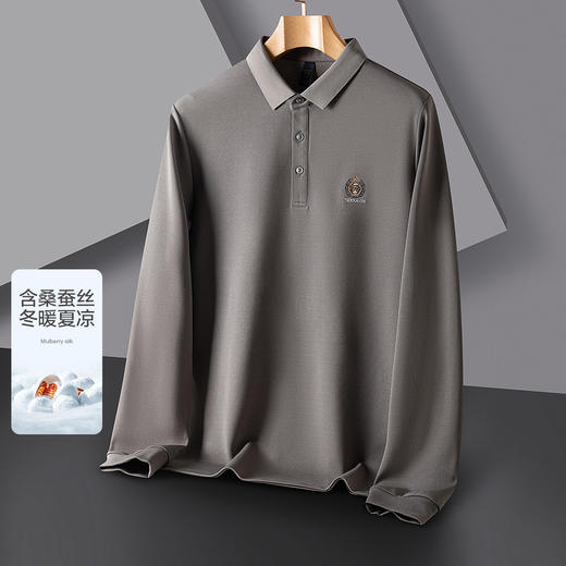 【桑蚕丝混纺】罗蒙春秋男士绣花胸标polo衫男长袖t恤男舒适长袖上衣男 商品图6
