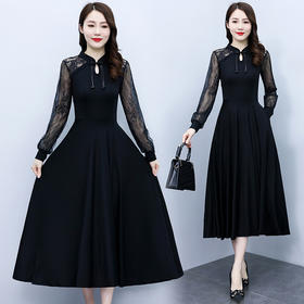 NYL-7325春季新款法式赫本风黑色连衣裙胖MM修身显瘦拼接中长款裙子