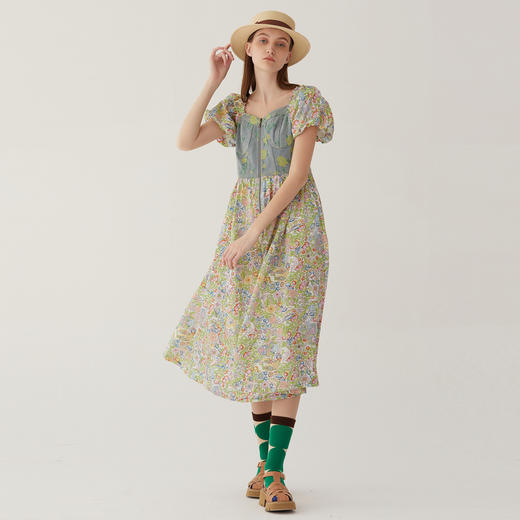 谜底碎花连衣裙短袖2024夏款田园度假风拼接修身长裙女246ML7028 商品图1