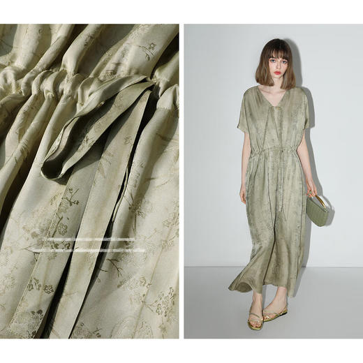 COCOBELLA人丝竹叶提花炒色新中式连衣裙国风盘扣衬衫裙FR7025 商品图4