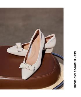 KISSCAT接吻猫2024年新款粗跟舒适气质饺子鞋蝴蝶结通勤单鞋