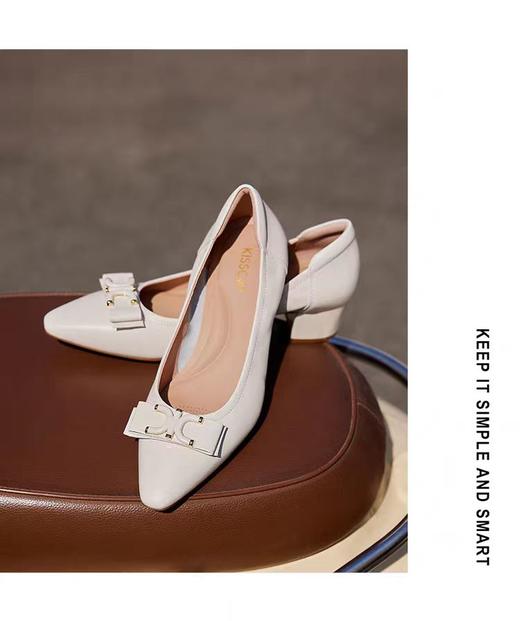 KISSCAT接吻猫2024年新款粗跟舒适气质饺子鞋蝴蝶结通勤单鞋 商品图0