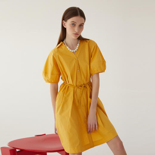 谜底连衣裙女2024夏款通勤风纯色宽松中长裙短袖配腰带246ML7029 商品图0