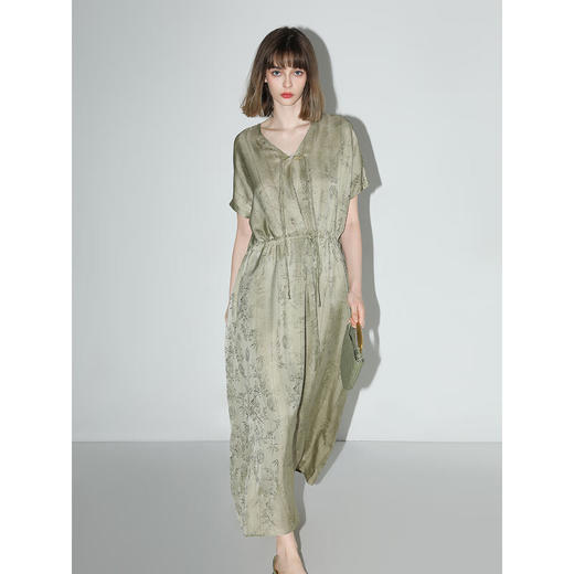 COCOBELLA人丝竹叶提花炒色新中式连衣裙国风盘扣衬衫裙FR7025 商品图2