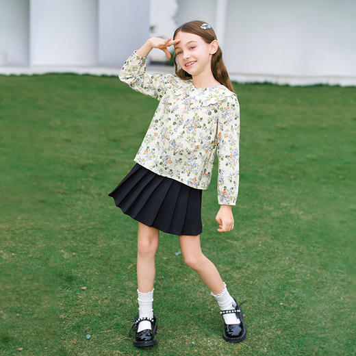 mettekids女童衬衫2024春夏清新绿色碎花上衣童装儿童纯棉衬衣 商品图2