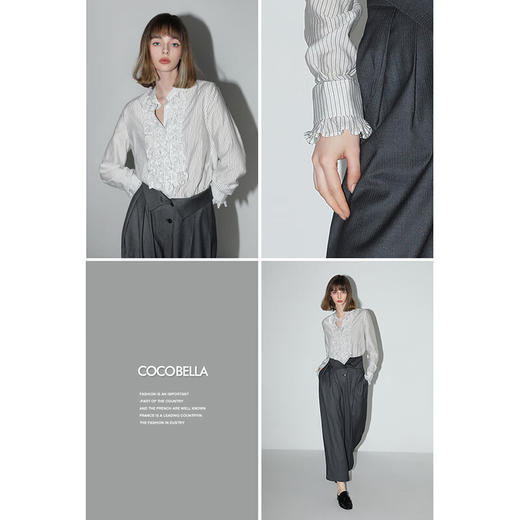 【限时秒杀】COCOBELLA重工立体木耳边立领条纹衬衫早秋花苞袖衬衣SR3033 商品图2