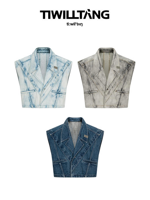TIWILLTANG 启世录“锛淳”翻领水洗复古牛仔马甲上衣短款宽松男 商品图4