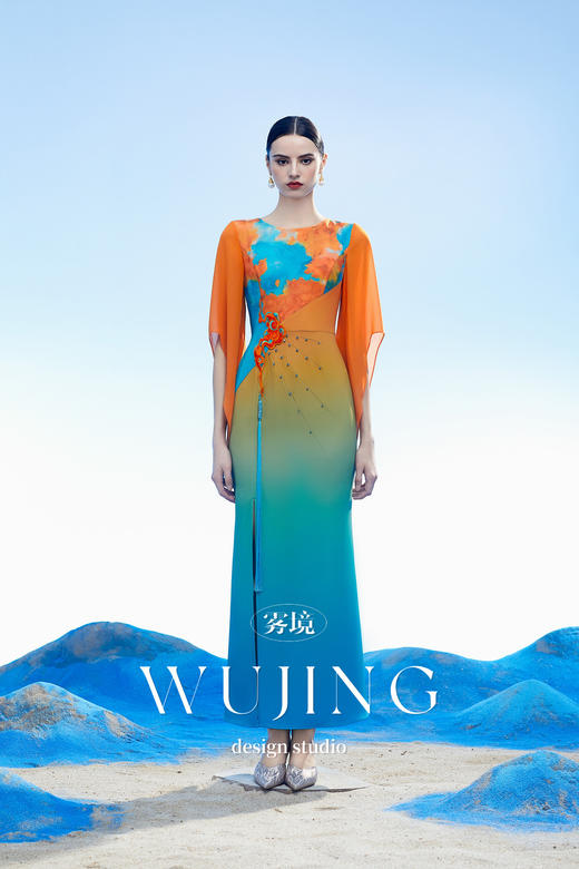 3204004 空桑秘境 韩国进口水晶乔其纱进口纹理蜂窝缎连衣裙 雾境 商品图3