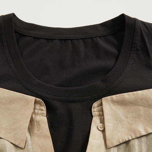 谜底连衣裙女2024夏季新款通勤圆领拼接中长裙短袖露肩246ML7036 商品图3