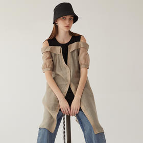 谜底连衣裙女2024夏季新款通勤圆领拼接中长裙短袖露肩246ML7036