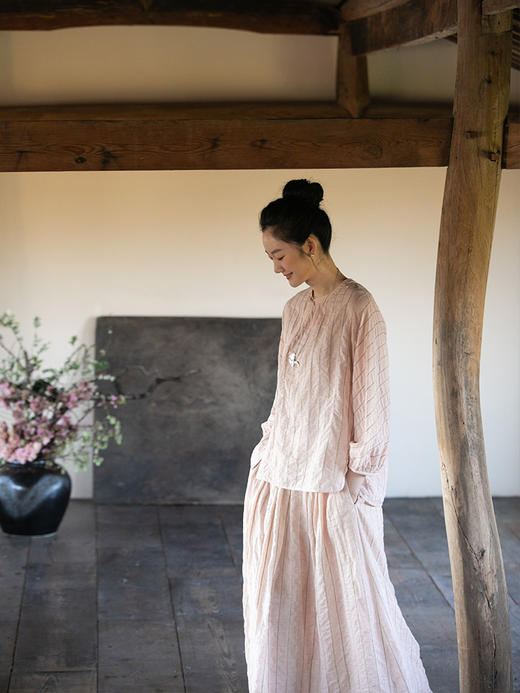 牧衣游原创 竖条纹柞丝棉衬衫炒色气质减龄轻薄上衣小衫新款 郁雾 商品图2