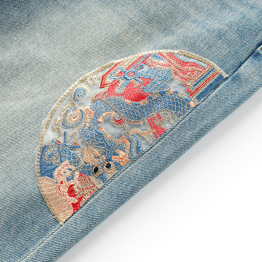 洋气小众，新中式改良刺绣休闲高腰浅色牛仔直筒阔腿裤WLZD-2405305 商品图2