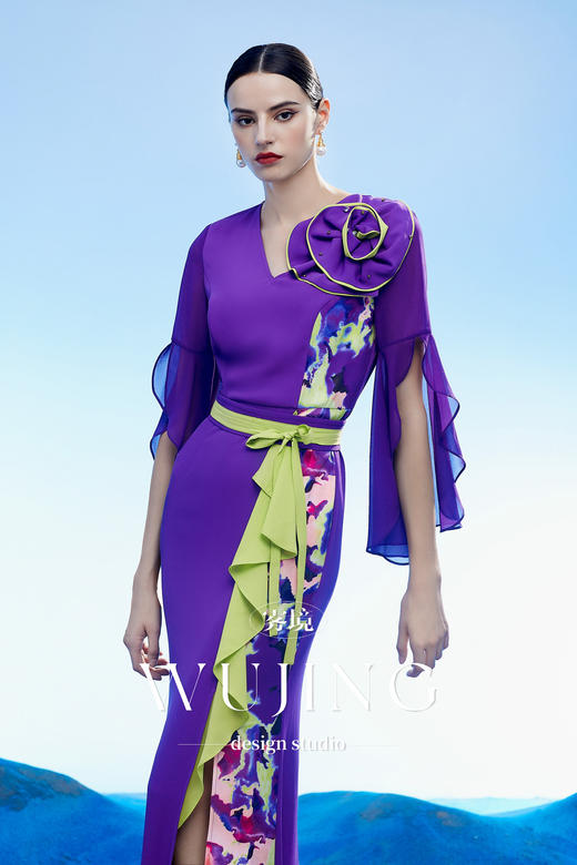 3204111 玉碧紫鸾 韩国进口水晶乔其纱进口纹理蜂窝缎连衣裙 雾境 商品图0