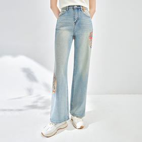 洋气小众，新中式改良刺绣休闲高腰浅色牛仔直筒阔腿裤WLZD-2405305