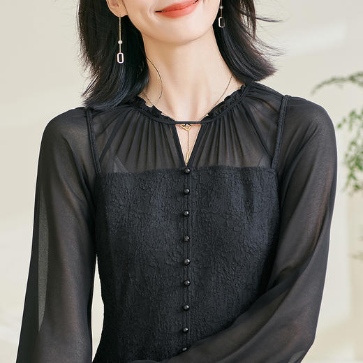剩S/M/L/XL 米思阳2026春季新款优雅新中式黑色连衣裙修身显瘦泡泡袖裙子0890 商品图4