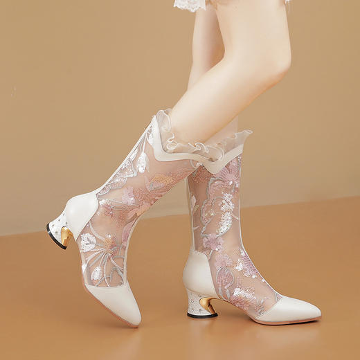 【预售5天】真皮高筒绣花凉鞋，中跟网纱凉靴单靴ALS-2413 商品图3
