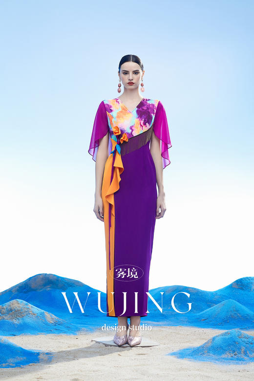 3204100 黄沙黛紫 韩国进口水晶乔其纱进口斜纹织锦缎连衣裙 雾境 商品图1