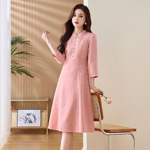 WZNHWL97269 新中式风立领领口提花连衣裙女2024年春季上新气质时尚复古轻奢 商品图1