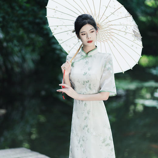 绿色旗袍轻款小清新气质少女修身小个子改良连衣裙KK2027 商品图1