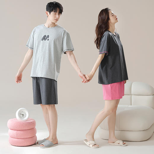 【抗菌新疆棉】自然醒灰色空间夏季纯棉短袖情侣睡衣纯色短裤大码家居服男凉爽7A抗菌新疆棉套装JLM 商品图3
