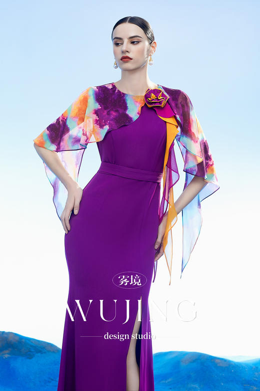 3204101 黄沙黛紫 韩国进口水晶乔其纱进口斜纹织锦缎连衣裙 雾境 商品图0