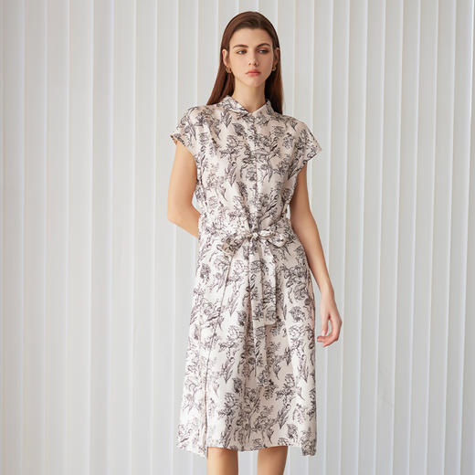 【衬衫领桑蚕丝连衣裙】24年春夏新款女士100%桑蚕丝中长款连衣裙系带显瘦裙子 商品图1