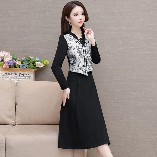修身时尚，春款中长款印花长袖内搭打底裙通勤假两件连衣裙QYM-KSY-XYY09-L 商品图2