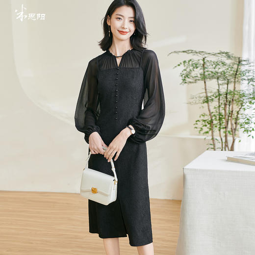 剩S/M/L/XL 米思阳2026春季新款优雅新中式黑色连衣裙修身显瘦泡泡袖裙子0890 商品图0
