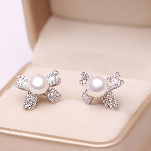 美裕 蝴蝶结 925银淡水珍珠耳钉6-7mm 101785 商品图1