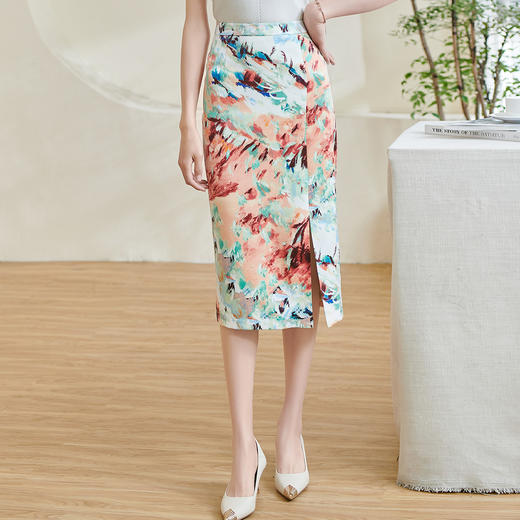 米思阳2025秋季新款优雅知性印花半身裙修身显瘦开叉一步裙女0453 商品图2