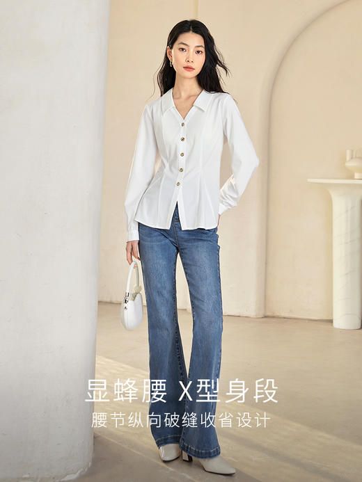 【1件67折】联系客服有福利】熙世界通勤气质白色V领衬衫2025秋季新款收腰显瘦长袖别致上衣 商品图2