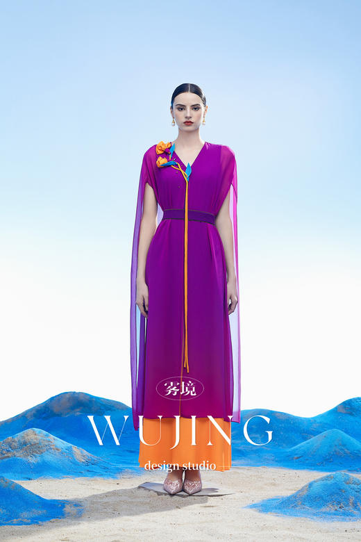 3204102 黄沙黛紫 韩国进口水晶乔其纱进口斜纹织锦缎连衣裙 雾境 商品图3