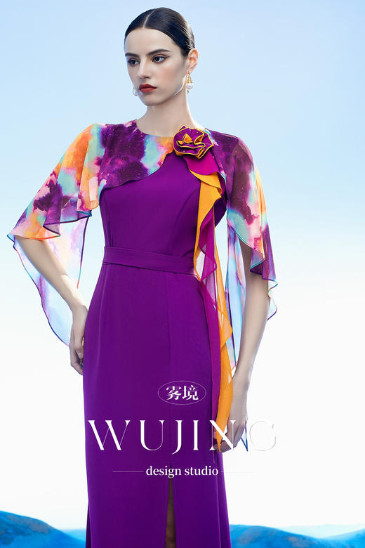 3204101 黄沙黛紫 韩国进口水晶乔其纱进口斜纹织锦缎连衣裙 雾境 商品图1