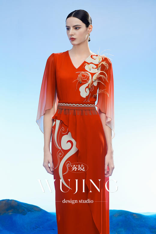 3204062 云漫琉璃 定制印花韩国进口水晶乔其纱进口纹理蜂窝缎连衣裙 雾境 商品图2