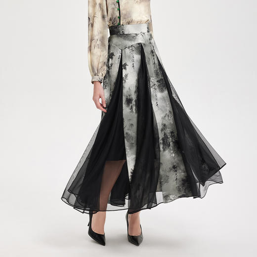 PF501斯尔丽2024新款国风复古优雅插片式水墨画飘逸显瘦半裙伞裙半截裙 商品图0