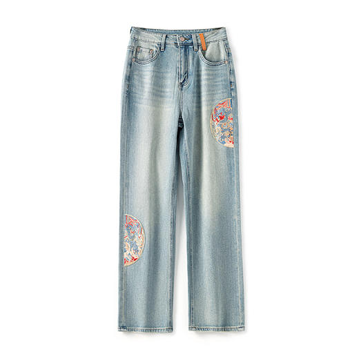 洋气小众，新中式改良刺绣休闲高腰浅色牛仔直筒阔腿裤WLZD-2405305 商品图4