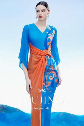 3204077 灵泽岚霏 韩国进口水晶乔其纱进口纹理蜂窝缎连衣裙 雾境