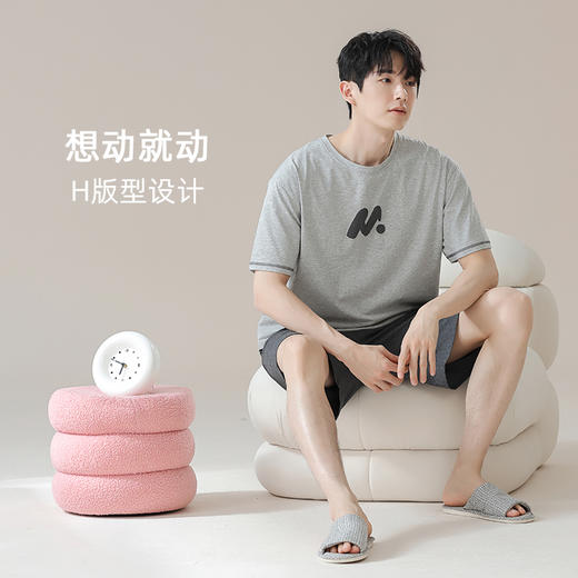 【抗菌新疆棉】自然醒灰色空间夏季纯棉短袖情侣睡衣纯色短裤大码家居服男凉爽7A抗菌新疆棉套装JLM 商品图5