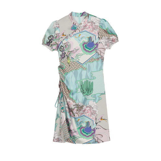 谜底新中式连衣裙短袖2024夏款复古印花国风旗袍裙抽绳246ML7026 商品图4