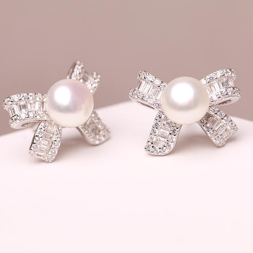 美裕 蝴蝶结 925银淡水珍珠耳钉6-7mm 101785 商品图4