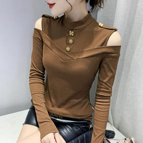 SMZ14974半高领打底衫女春季2024新款设计感气质上衣内搭性感露肩长袖T恤