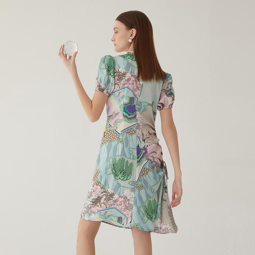 谜底新中式连衣裙短袖2024夏款复古印花国风旗袍裙抽绳246ML7026 商品图2