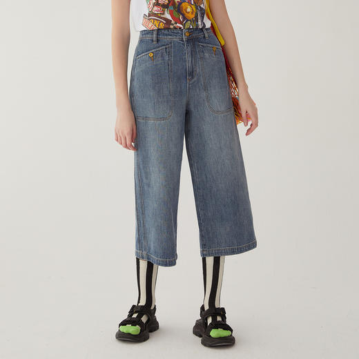 谜底牛仔裤女2024夏季新款复古高腰百搭阔腿裤八分裤女246MK7061 商品图0
